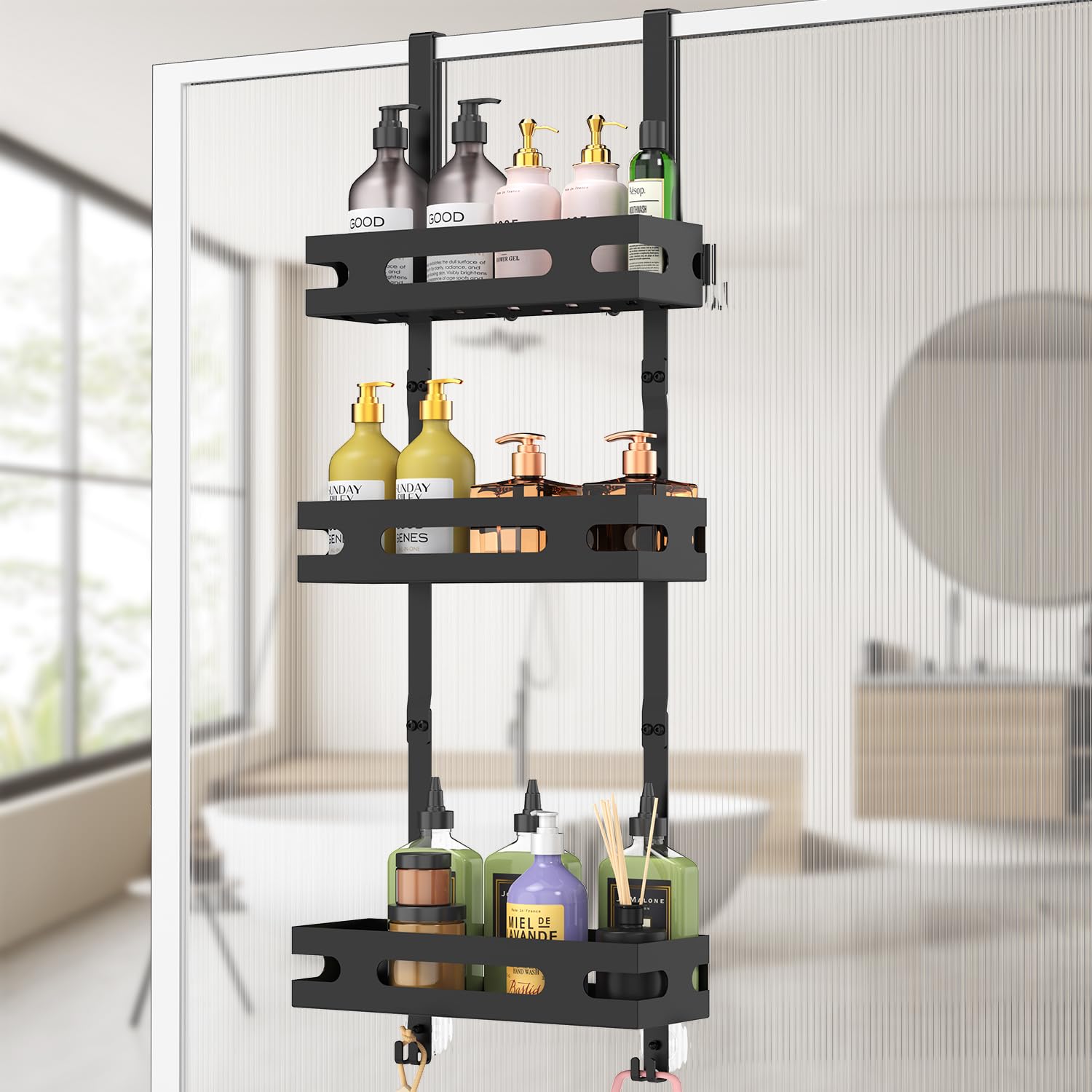 YEAUPE PRO Drill-Free Hanging Shower Caddy, 3-Tier Bathroom Shower Organizer with Strong Suction Cups, Hooks & Quick-Drain Shelves, Rustproof Shower Storage Rack