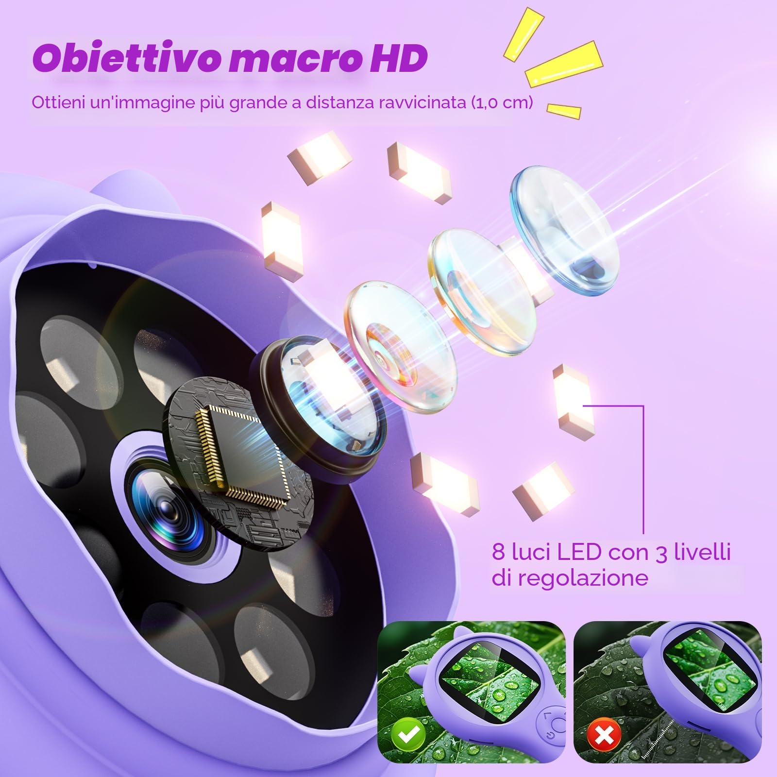 Microscopio per Bambini 200X - 2 Pollici Portatile Con 8 LED Regolabili, Digitale Con Registrazione Foto e Video, Regalo di Natale per 3-12 Anni (Viola)
