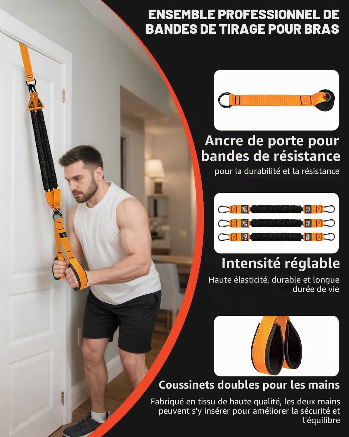 Abahub Kit de Bandes Triceps avec Ancrage Porte Réglable 75 à 225 Tricep Pull Down Bande Fitness pour La Maison, L'Entraînement des Bras Et Les Exercices de Musculation, avec PoignéEs
