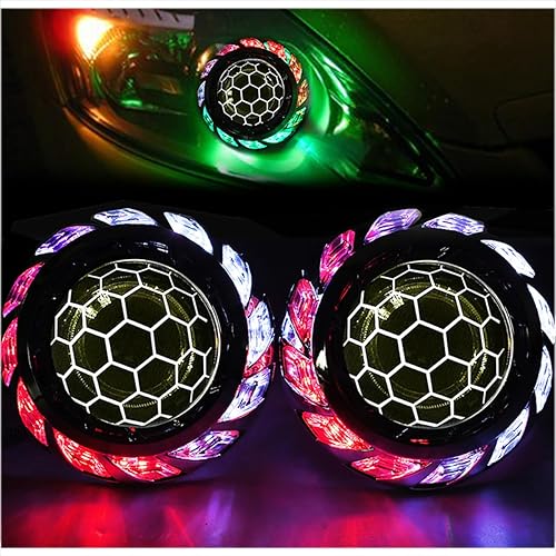 YUFANYA Mini lente de proyector bi-xenón de 2.5 pulgadas con cubiertas de ojos de ángel RGB, lente azul panal, universal para motocicleta H1 H4 H7