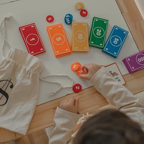 Miniatura 5 de Good Ground Juego de simulación para niños de fieltro educativo Montessori juguete dólares billetes monedas, billetera, juego de conteo para niños