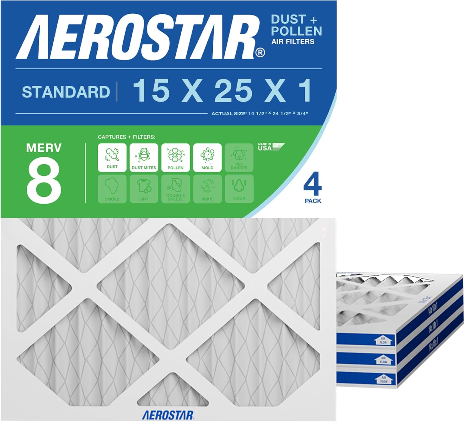 Aerostar 15x25x1 MERV 8 Pleated Air Filter, Dust and Pollen Control (4 Pack), Actual Size: 14.5x24.5x0.75