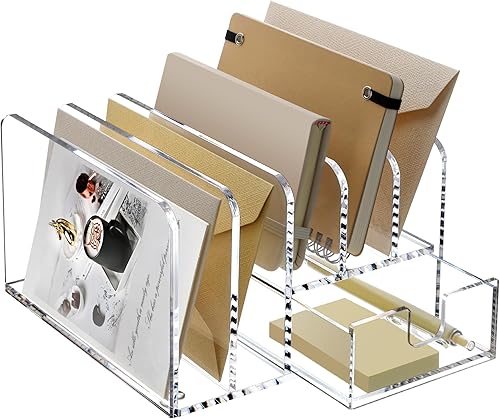 SANRUI Organizadores de escritorio y accesorios, organizador de correo acrílico, clasificador de archivos de 5 ranuras con cajón, organizador de