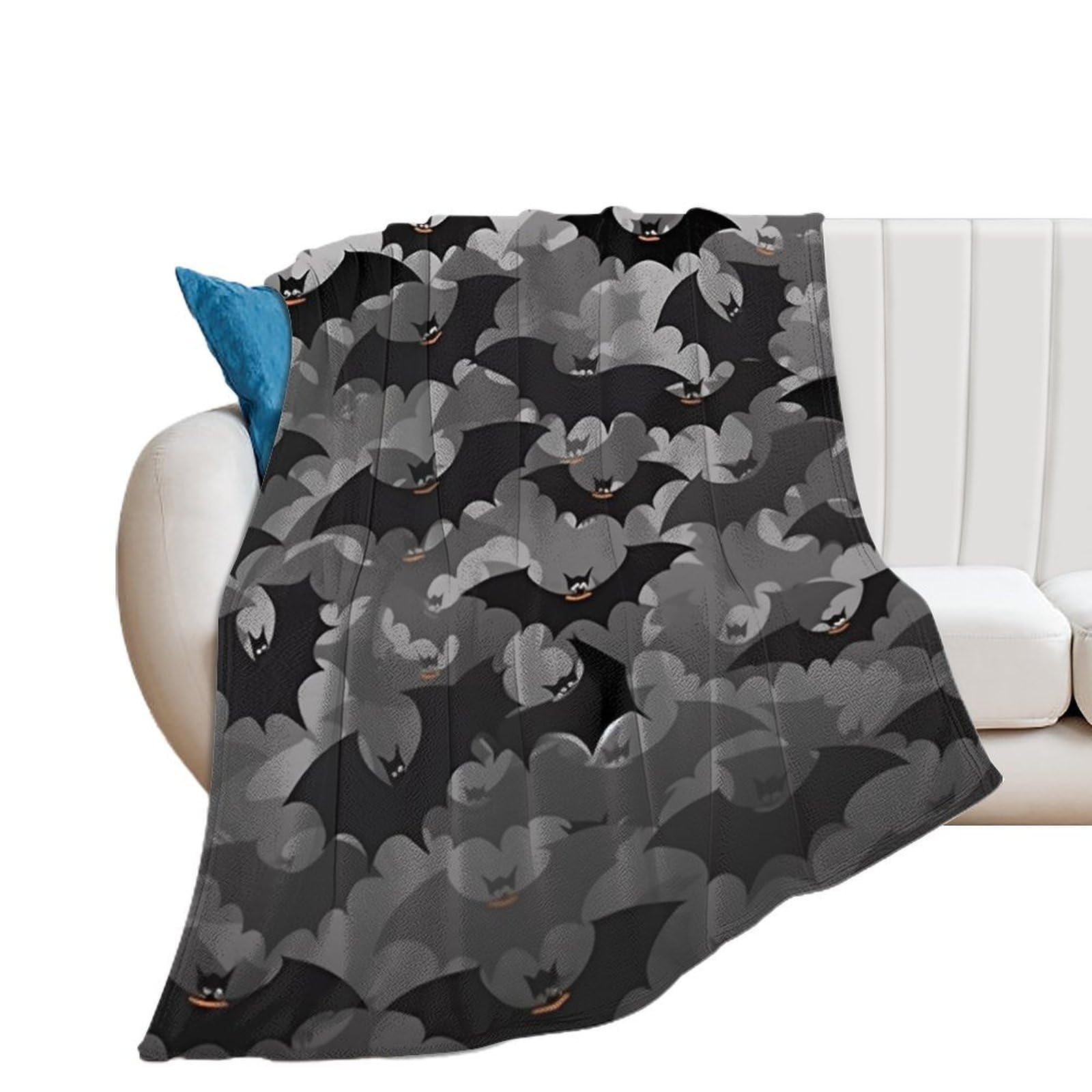 Couverture flanelle Halloween grise jeté de lit motif chauves-souris plaid 100x130