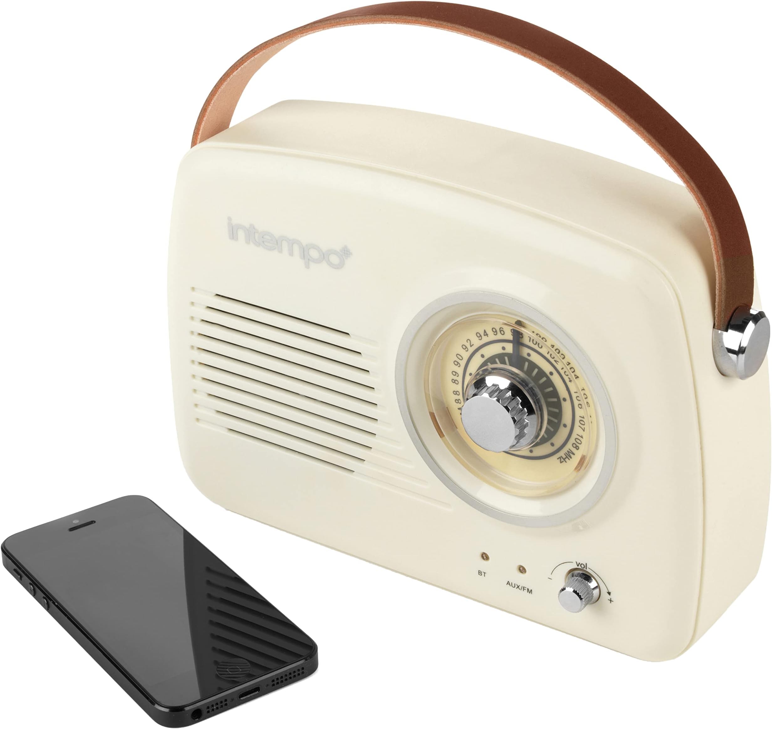 Intempo EE3332BLUSTKEU Retro Bluetooth Speaker – Vintage Style Rechargeable FM Radio with Leather Carry Strap, Classic Speaker with 5 W Sound Output and Micro USB Charging Cable, AUX IN option, Cream