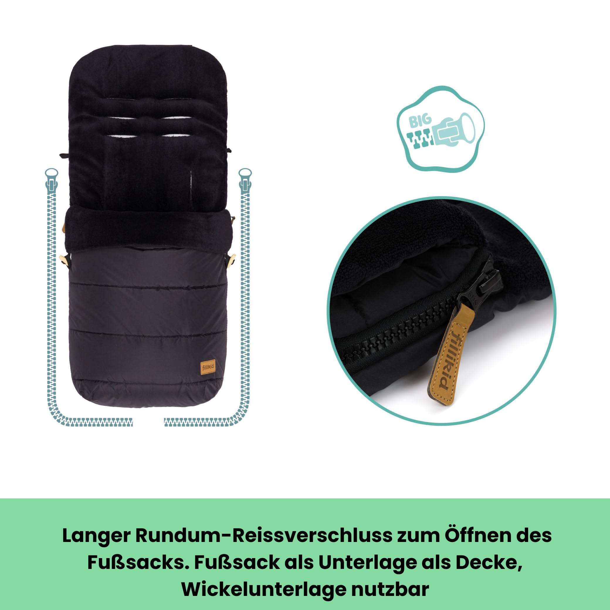 Fillikid Winterfußsack Lanin Exclusiv | Winter-Fußsack für Kinderwagen, Sportwagen & Buggy mit Anti-Rutschschutz, weicher Thermo-Fleece, Design:schwarz