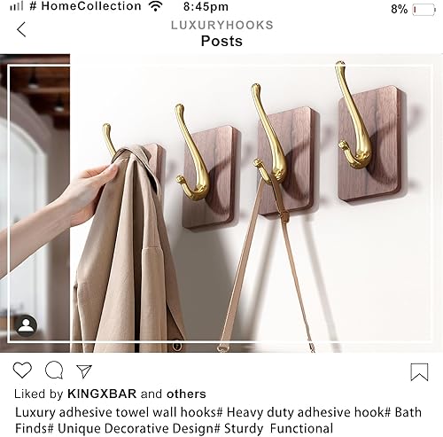 Miniatura 6 de Ganchos de pared adhesivos de lujo de nogal real, ganchos de toalla resistentes para colgar abrigos, batas, sombreros, llaves, bolsas y proporcionan