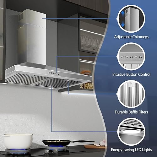 Miniatura 2 de SNDOAS Campana extractora de 30 pulgadas, campana extractora de acero inoxidable para montaje en pared de 30 pulgadas, ventilación de estufa estilo