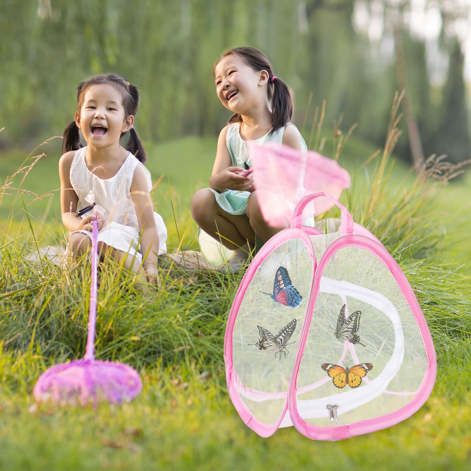 2 Stück Schmetterlinge Züchten Netz Kinder, Schmetterlingshaus Netz, Insekt und Schmetterling Lebensraum Käfig(Rosa, Grün)