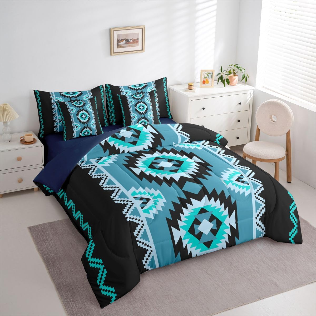 Feelyou Southwestern Aztec Comforter Set Queen Size 7 Pieces Western Tribal Aztec Native American Bedding Set Blue Boho Exotic Bed in a Bag with Comforter, Sheets, Pillowcases, Cushion Covers