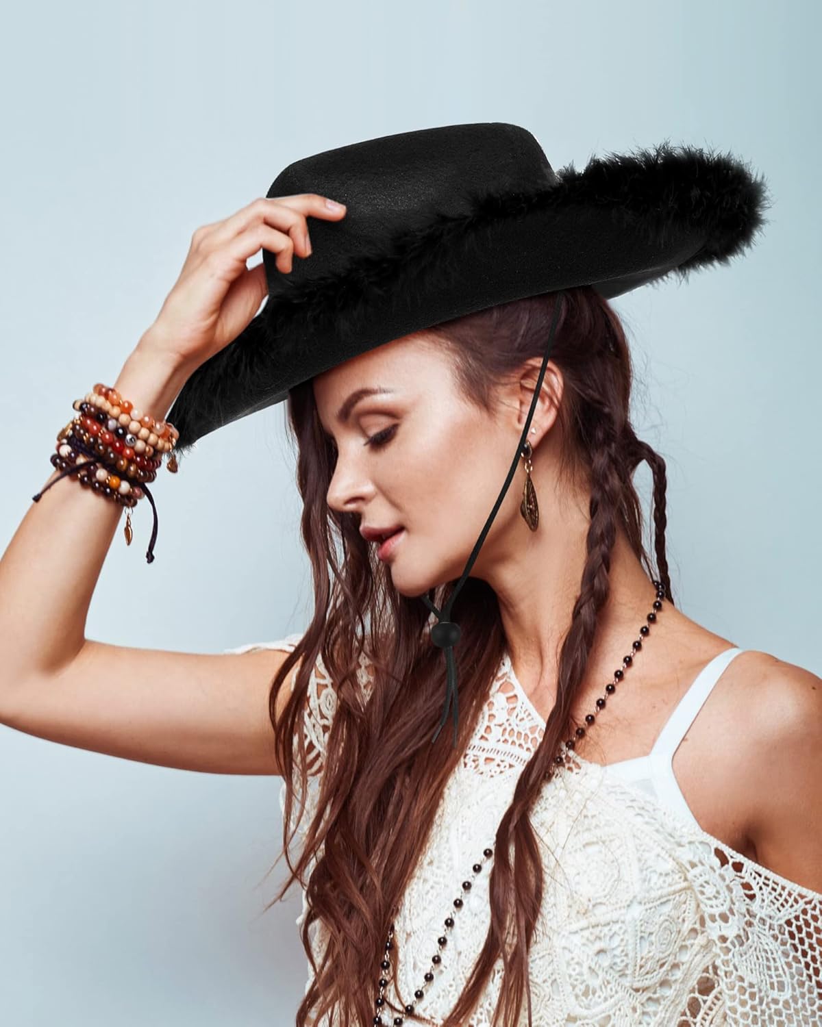 Tarpop Cowboy Hat Boa Cowgirl Hat with Feather for Women Bachelorette Western Wedding Party Costume Accessories - Image 4