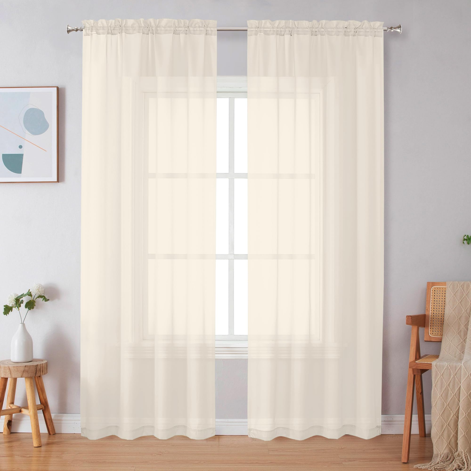 Simplebrand Cream Sheer Curtains 84 Inches Long 2 Panels for Living Room