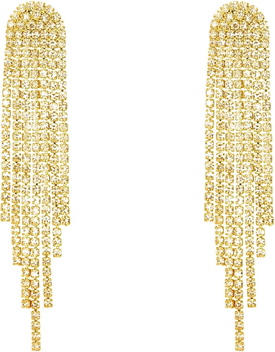 Rhinestone Tassel Earrings, Long Sparkly Statement Chandelier Earrings Trendy Iridescent Earrings Formal Elegant Prom Evening Wear Earrings For Women Prom Wedding Earrings