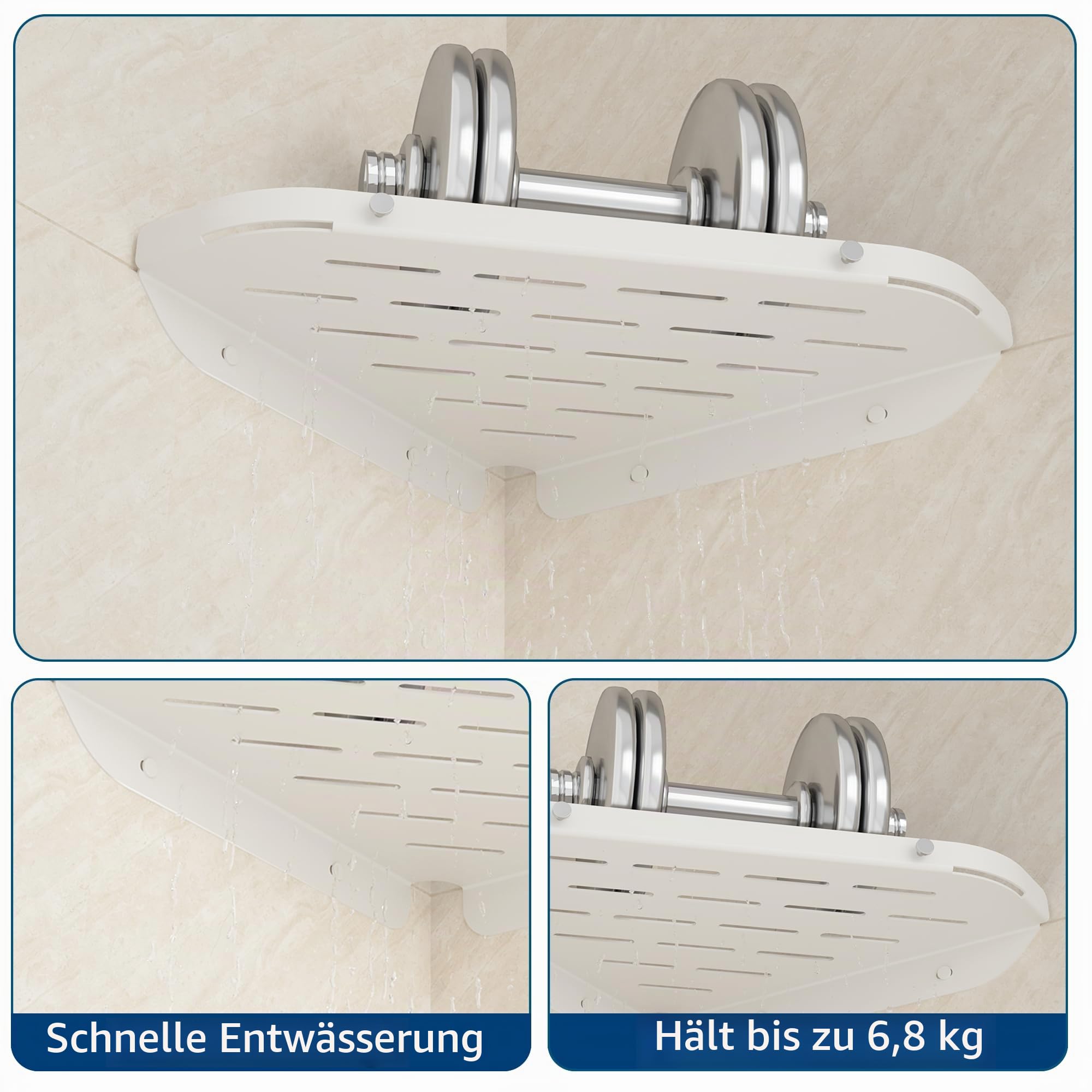 Neodrain Duschablage Ecke Edelstahl ohne Bohren Weiß Eckregal Duschkorb mit Haken für Badezimmer Shampoo Halter, 2 Stück