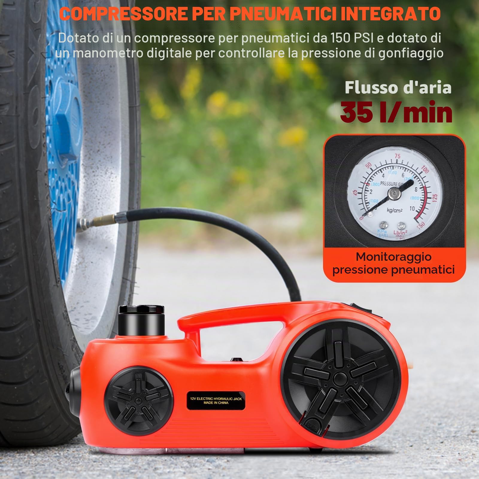 VOBOR Cric Elettrico per Auto, 5T Set di Martinetto Idraulico 12V con Pompa Gonfiabile e Luce LED, 150-450mm Sollevatore per Auto Pickup Emergenza Cambio gomme Garage Riparazione