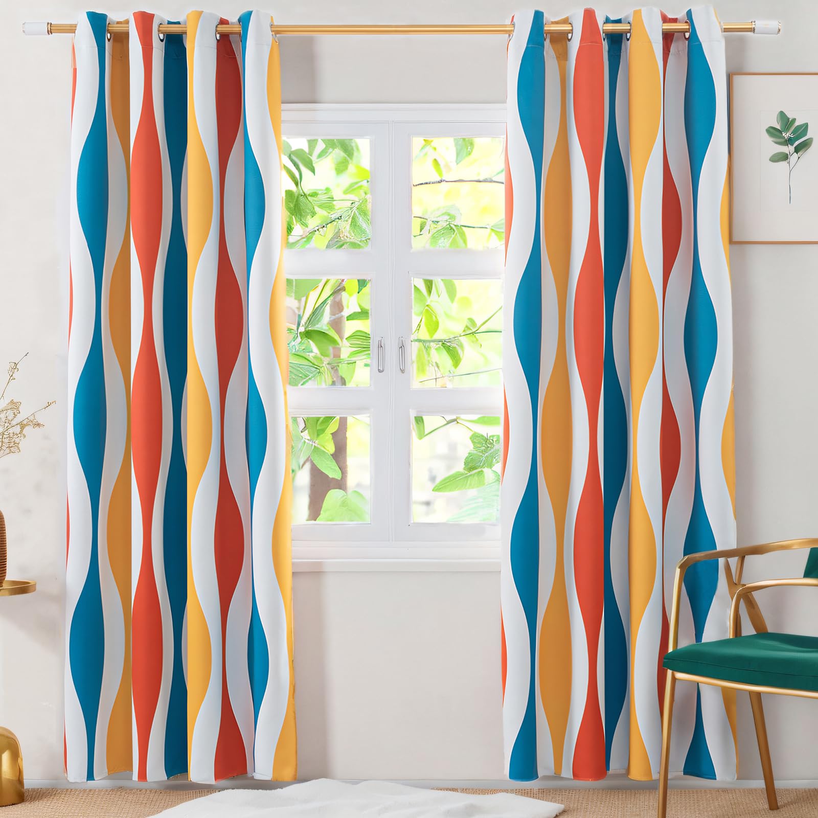 MeZQ Blackout Curtains 84 inch Long 2 Panels Set, Wave Grommet Bedroom Blackout Curtains, Thermal Insulated and Noise Reduce Drapes with Geometric