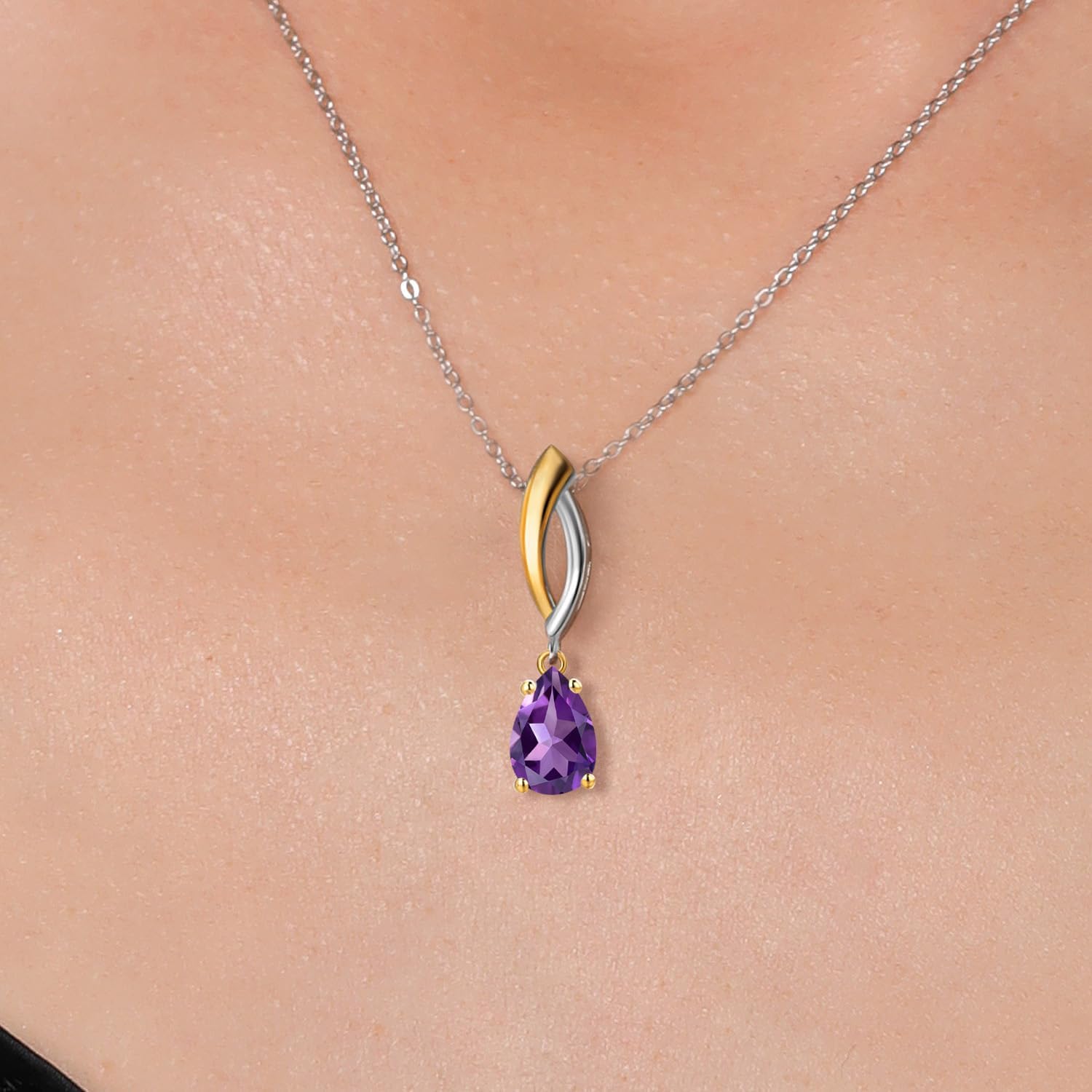 Gem Stone King 925 Silver and 10K Yellow Gold Purple Amethyst Pendant Necklace for Women | 0.78 Cttw | Gemstone February Birthstone | Pear Shape 8X5MM | With 18 Inch Silver Chain - Image 3