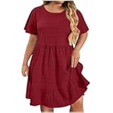 Summer Dresses for Women Plus Size Short Sleeve Crewneck T Shirt Dress Dressy Casual Ruffle Flowy Beach Sundresses