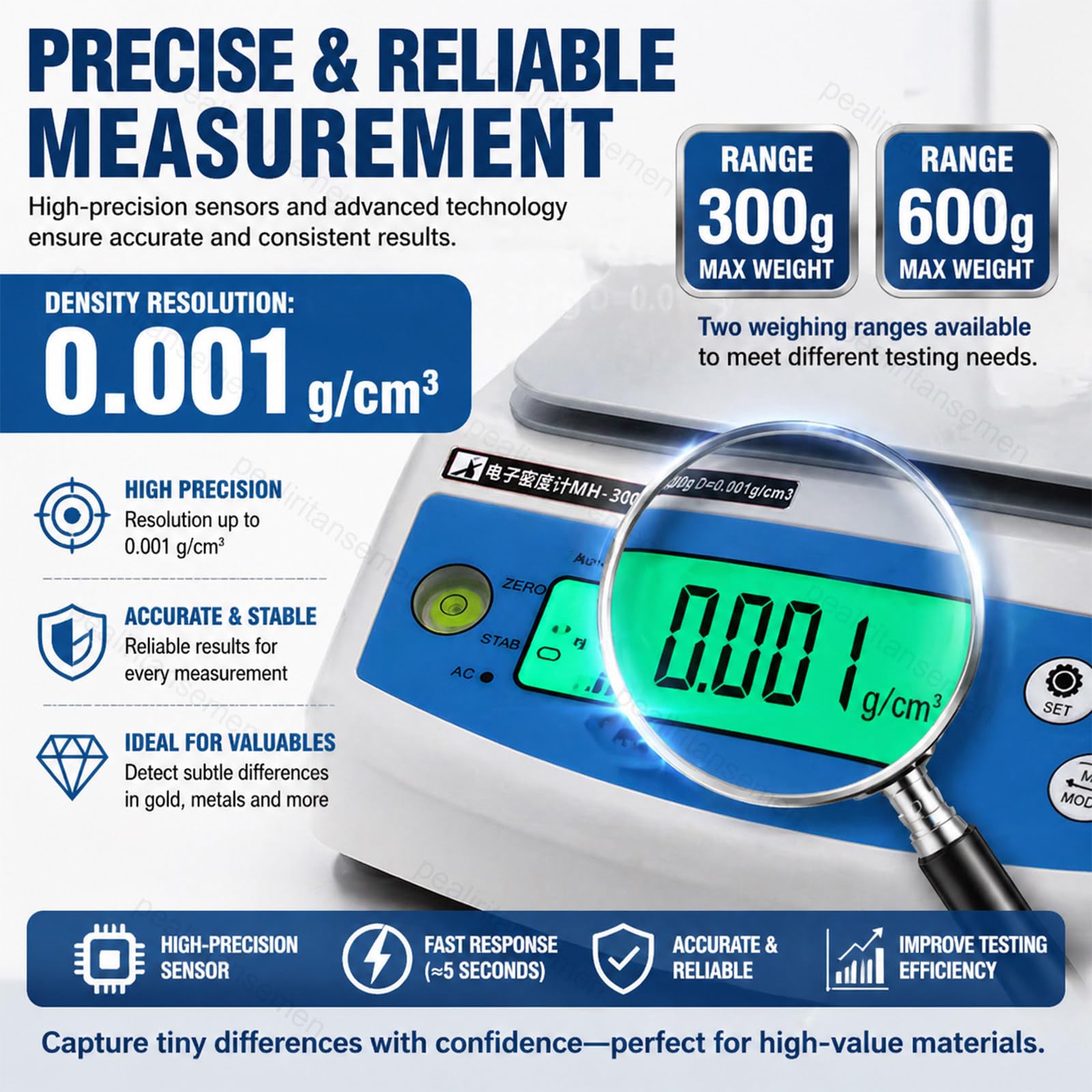 Densímetro digital 0,001 g/cm³ - Densímetro para caucho, plástico, PVC, metal, metales preciosos - Medidor de volumen y densidad
