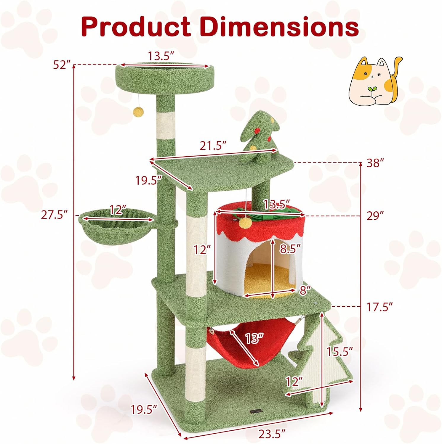 PETSITE 52 inch Cat Christmas Tree, Multi-Level Cat Tower with Sisal Scratching Posts & Board, Cat Condo, Basket Bed, and Detachable Hammock, Cute Cat Tree for Indoor Cats
