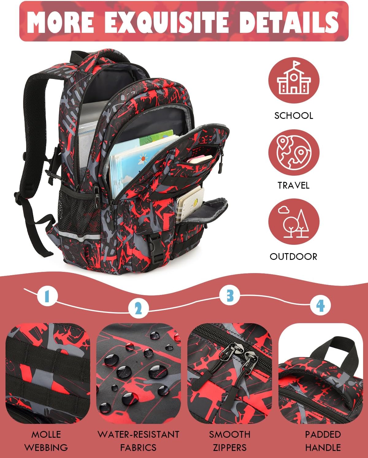 School Backpack for Boys Lightweight Bookbag for Kids Children Teens Elementary Middle School, Camo Boys Backpacks Back to School Gifts, Red - Image 4