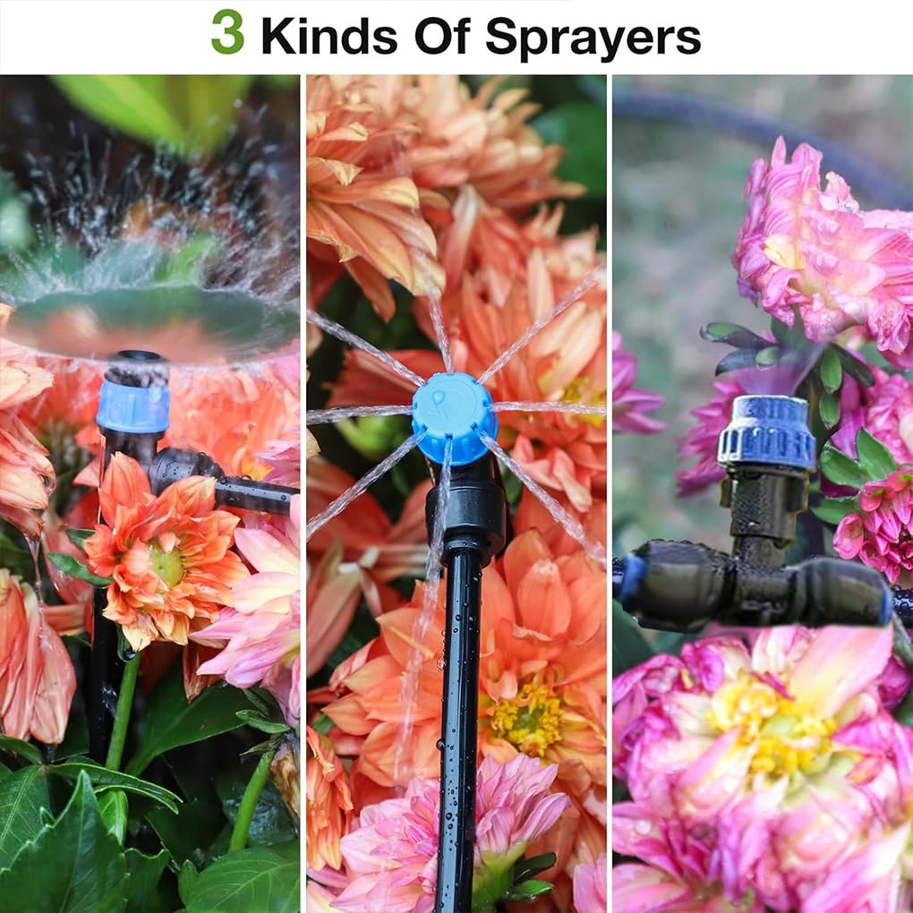 Pacchetto di irrigazione a goccia integrato con tubo da 75 piedi completo di componenti, ugelli nebulizzatori progettati per gli appassionati giardinaggio, raccordi a T collegamento rapido e