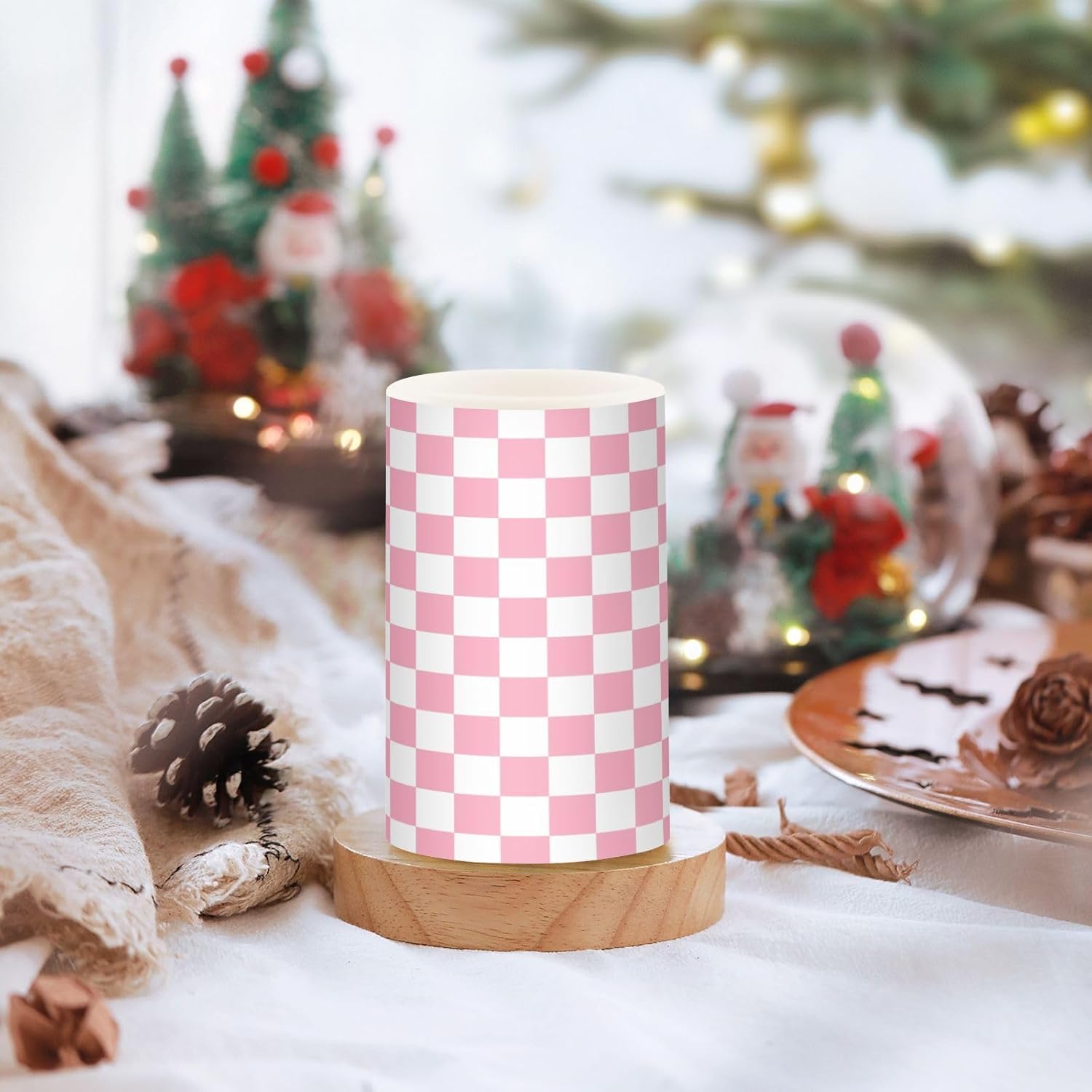 Pink White Checkered Flickering Flameless Candles LED Battery Operated with Remote Timer Pillar Candles for Home Birthday Wedding Christmas Decor, Set of 2
