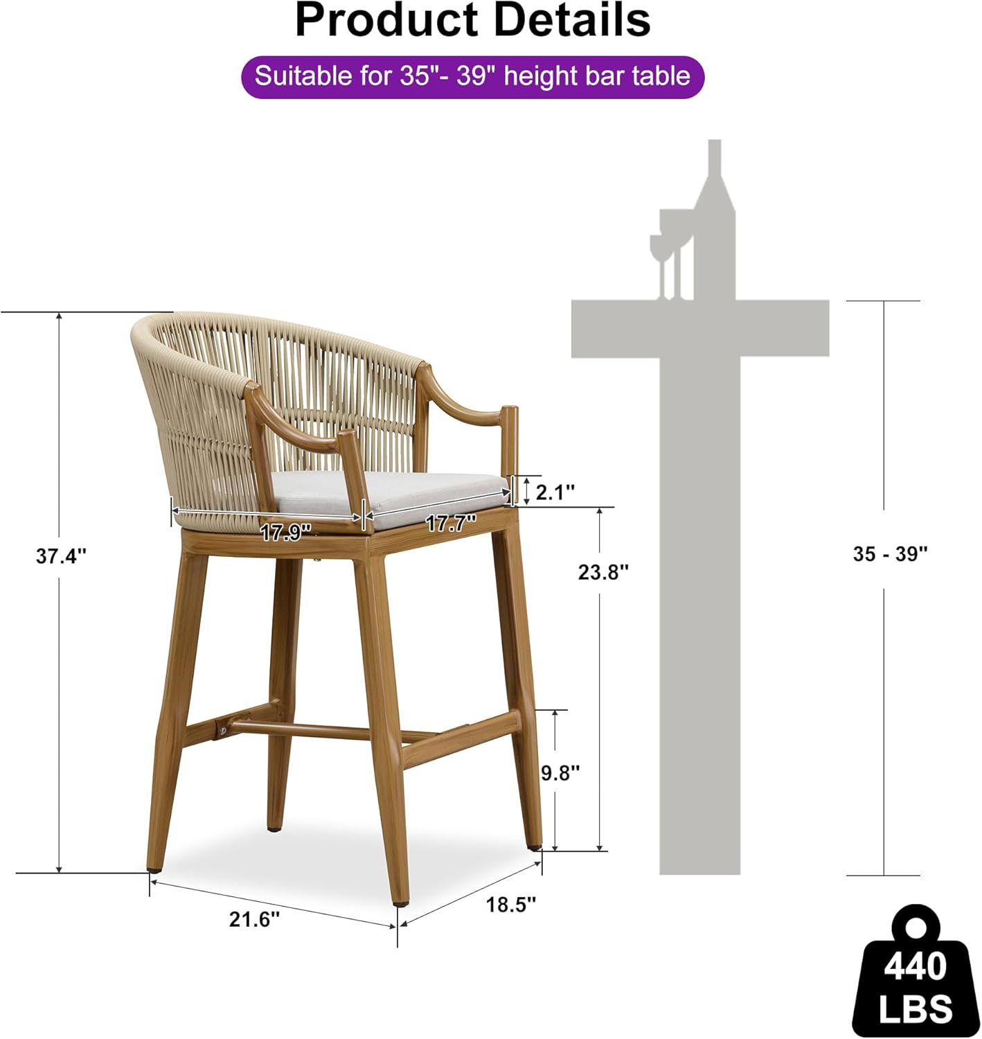 PURPLE LEAF Counter Height Bar Stools Set of 2 Patio Rattan Bar Stool Chairs Outdoor Modern Boho Barstools with Backs and Ergonomic Armrest for Balcony Garden Indoor Kitchen Island, Teak