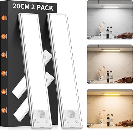 BokiHuk LED-Onderbouwlamp met Bewegingssensor, Led-kastlamp met sensor, 2 stuks, 20 cm, dimbaar, keukenonderbouwlamp met 3 kleuren, USB-C oplaadbaar, nachtlampje voor slaapkamer, trappen, hal, garage