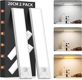 Luz LED Armario con Sensor de Movimiento, 2 Piezas 20CM 68 LED Regulable Luces Led Cocina con 3 Color Modos, USB Recargable Luz Adhesiva Tira Magnética Nocturna para Armario, Escaleras, Pasillo