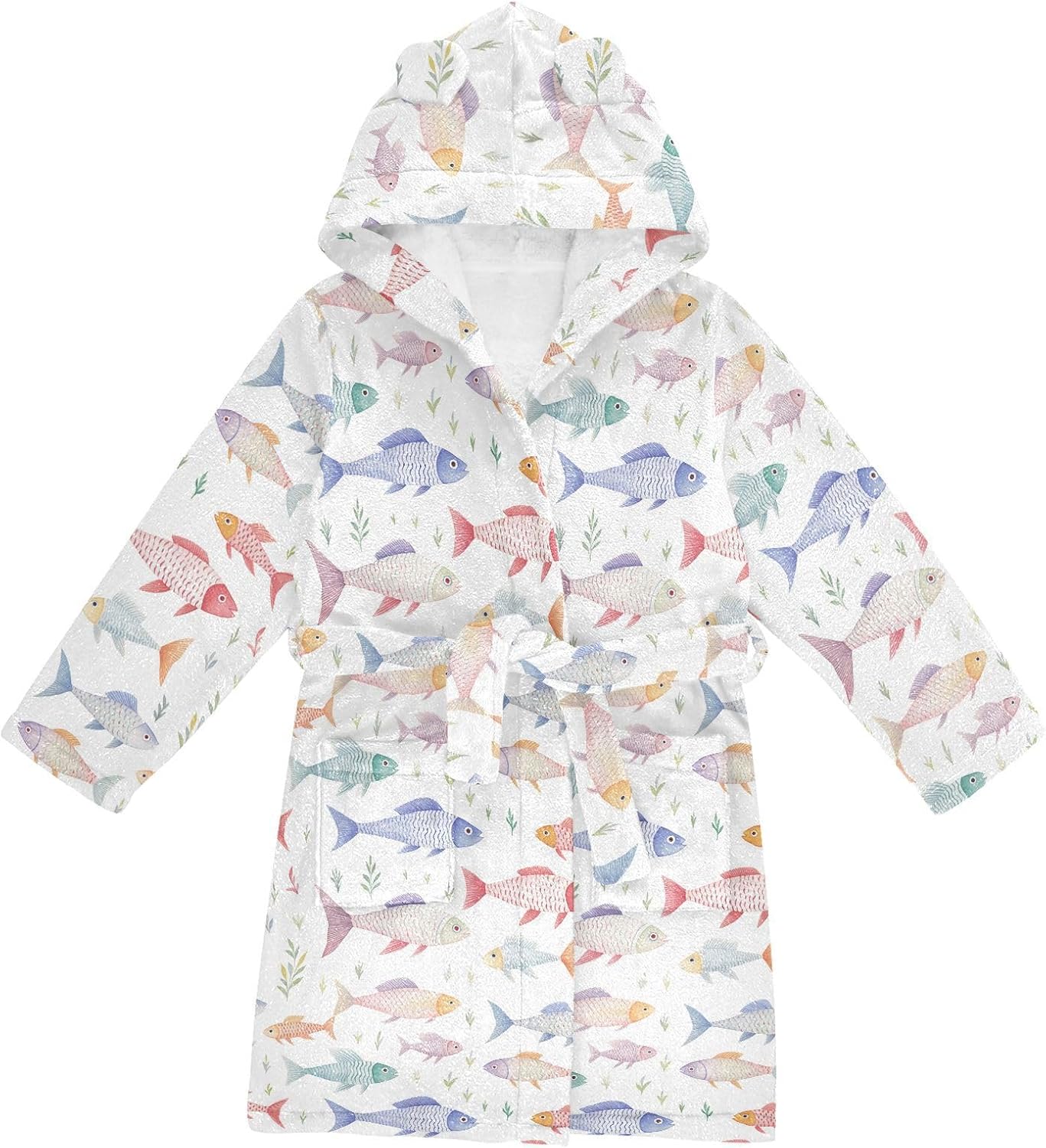 senya Colorful Fish Toddler Hooded Bathrobe Kids Soft Plush Bath Towel Robes for Boys Girls 2-12 Years