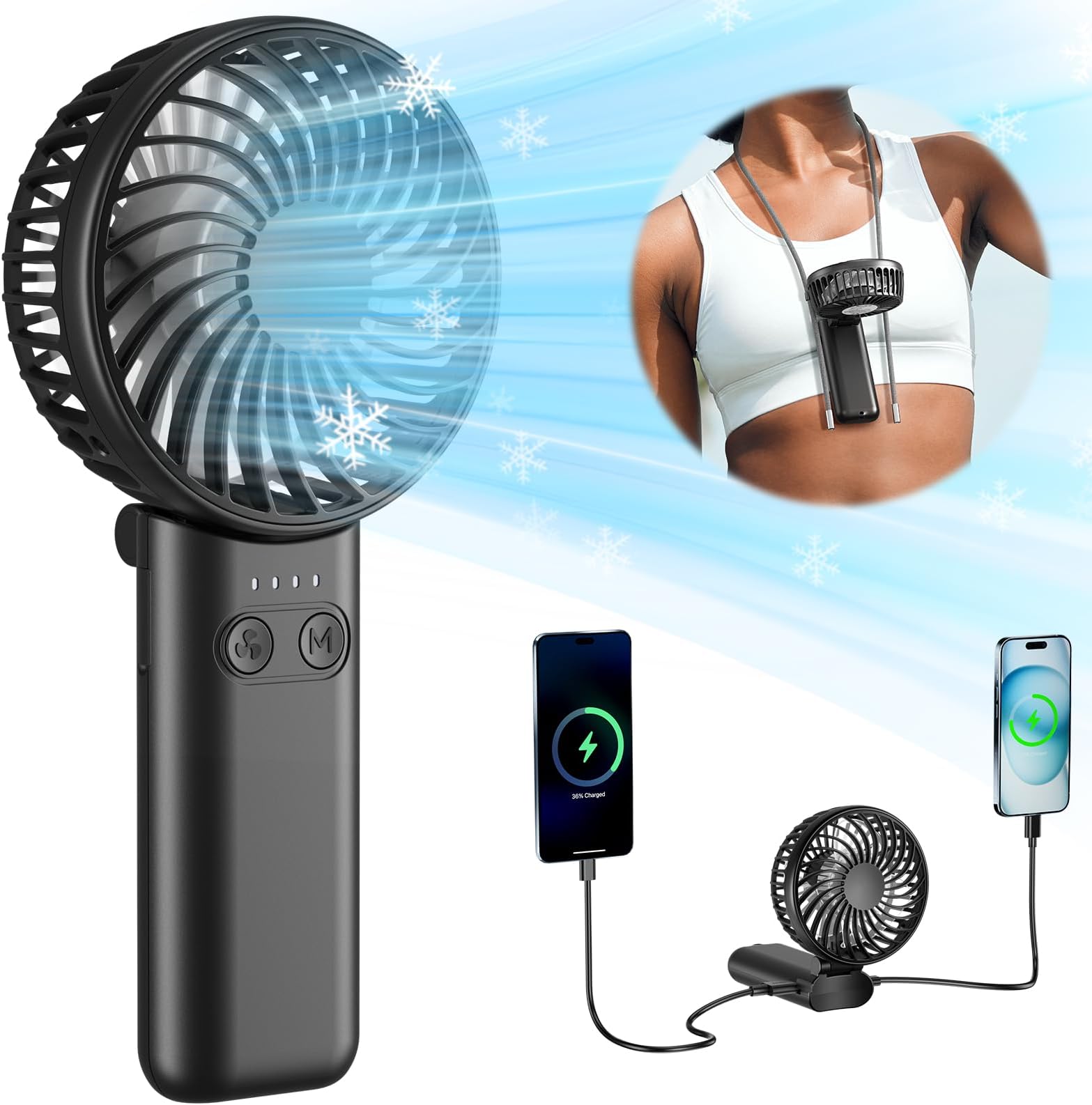 Upgraded Handheld Fan, 5 Speeds Strong Airflow Hand Fan [Max 27 Working Hours], 180° Foldable Compact Design Personal Fan Handheld with Portable Charger for Travel/Disney/Concerts/Women(Black)