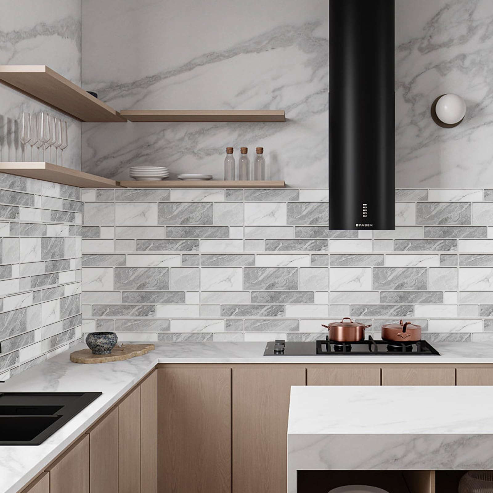 Decoroom Azulejos Autoadhesivos Gris & Blanco 15x30cm/24Pcs Baldosas Pegatinas Adhesivas Ladrillos Vinilo PVC Impermeable Decorativa Cocina Baños Baldosas Adhesivas Pared