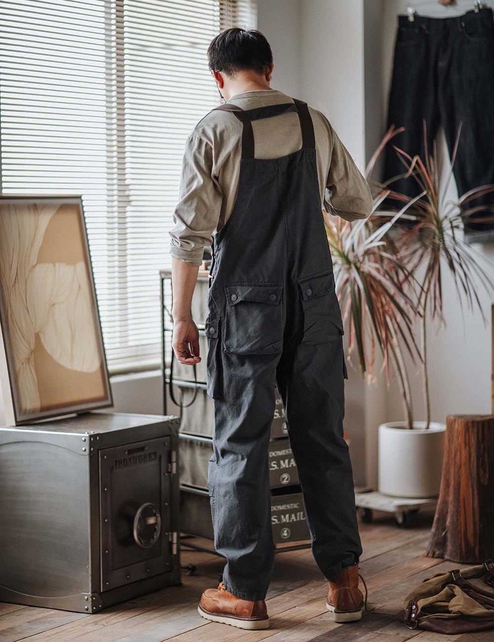 Men's Bib Overalls Loose Fit Canvas Coveralls Workwear Dungarees Jumpsuit with Flap Cargo Pockets