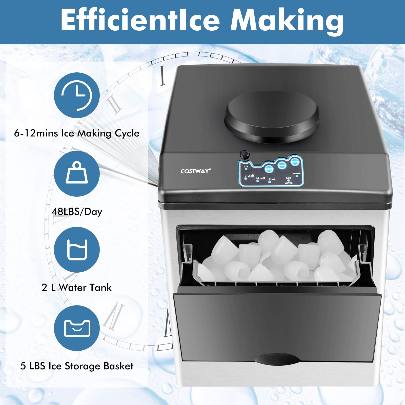 COSTWAY Countertop Ice Maker With Water Dispenser, 3 Sizes Bullet Shaped Ice, 48lbs/Day, Fast Ready In 6 Minutes, Ice Machine With Cold Water For Home Bar Kitchen Office on Fridge.com - View 3