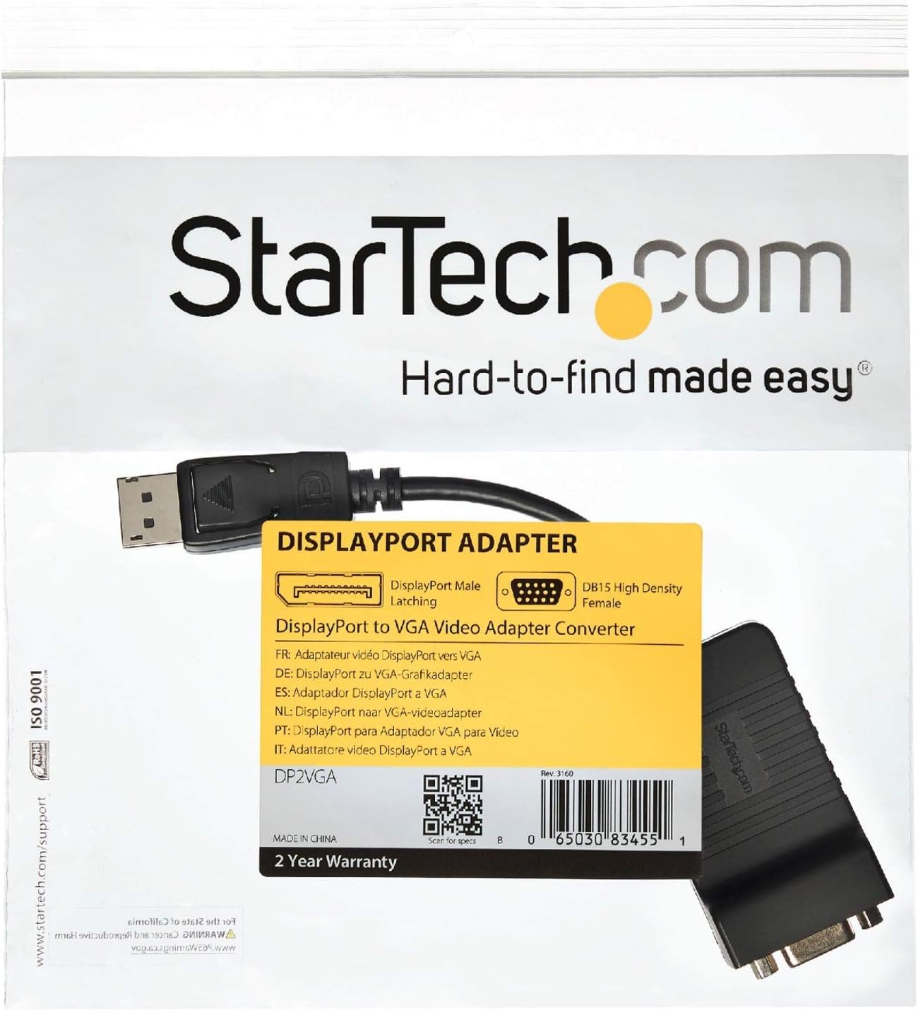 StarTech.com DisplayPort to VGA Adapter packaging showing model number DP2VGA.