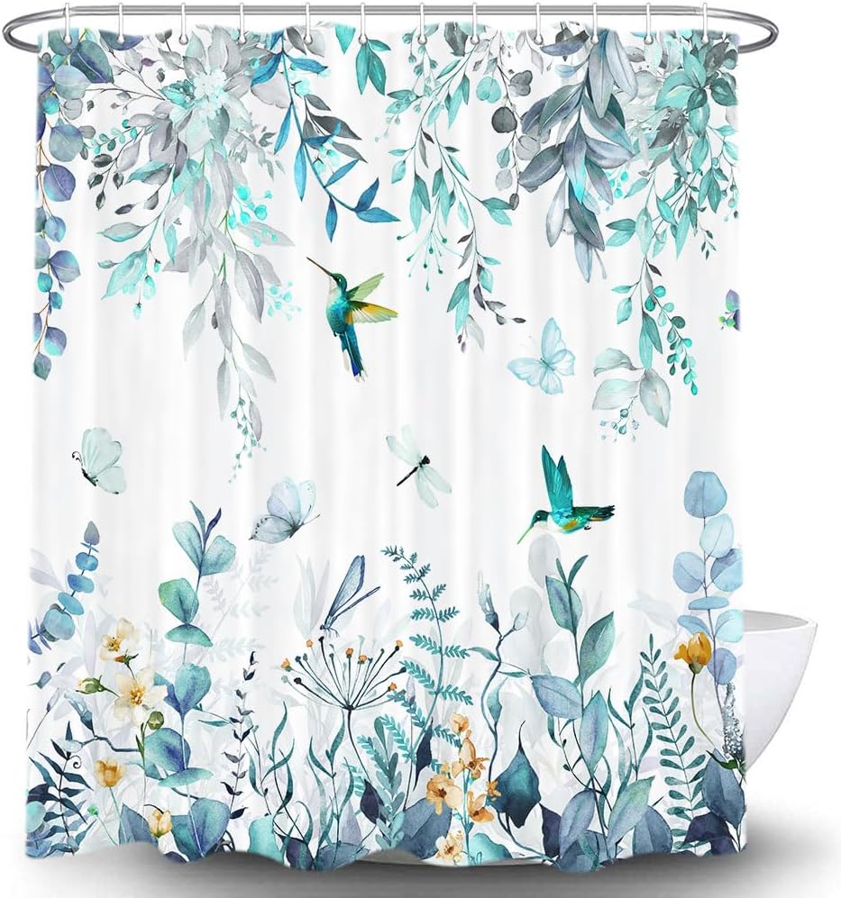 Torich Sage Green Eucalyptus Shower Curtain for Bathroom, Leaves Plant Floral Bathroom Decor Bath Curtains, Bird Leaf Botanical Waterproof Fabric Shower Curtain Set with Hooks 72x84Inch,Teal