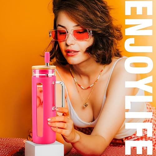 Miniatura 6 de Kodrine Vaso de vidrio de 24 onzas con asa, taza de café helado, taza de batido Boba, tapa de bambú, vaso para oficina en casa, color rojo rosa