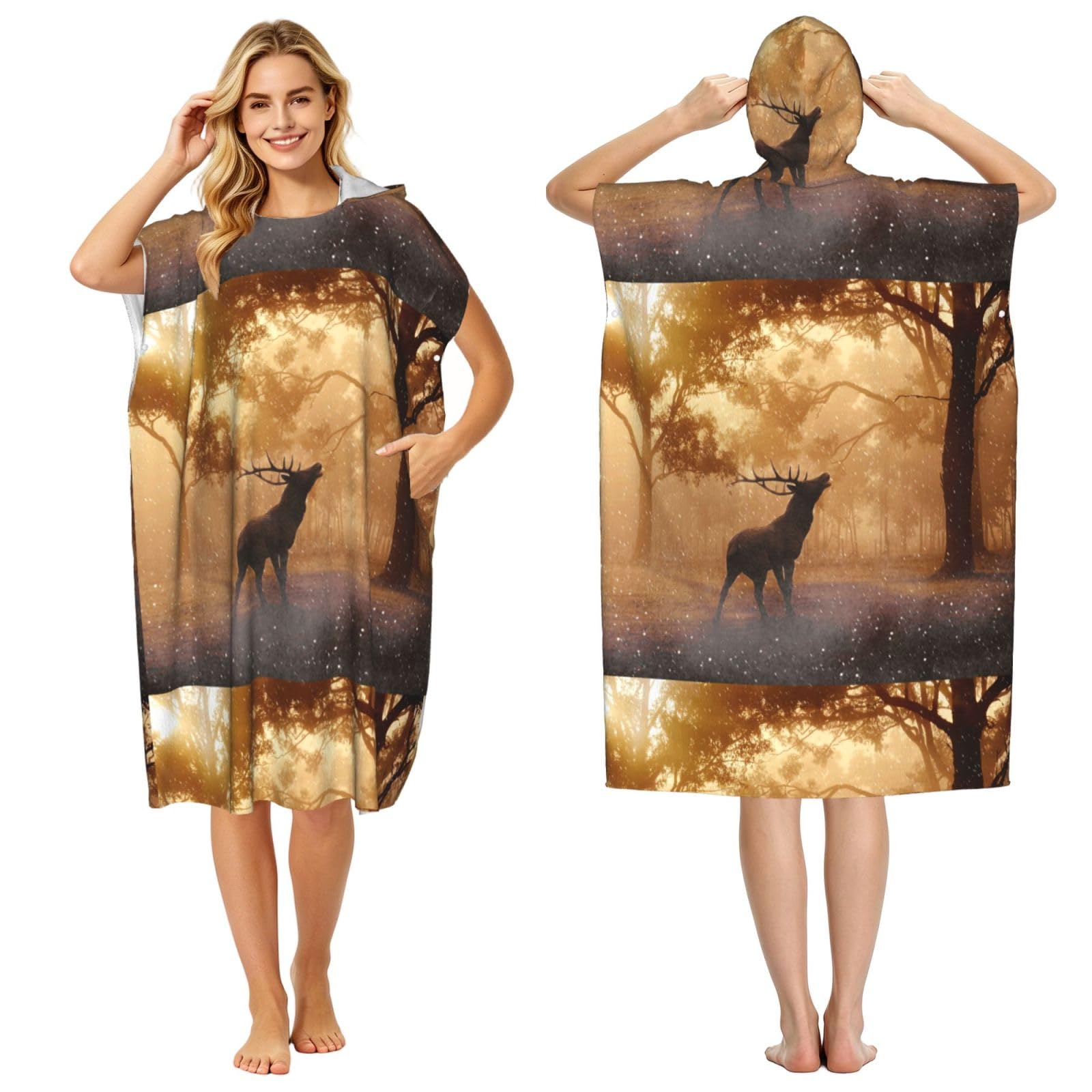 Poadnly Elk Artwork, Adult Hooded Beach Towel 90 x 110 cm,Changing Bath Robe, Surf Poncho Towel For Women Men