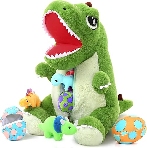 Muiteiur Juego de 7 piezas de animales de peluche, suave mamá dinosaurio de peluche con 3 dinosaurios bebé, 2 cáscaras de huevo, 1 huevo, T-Rex de
