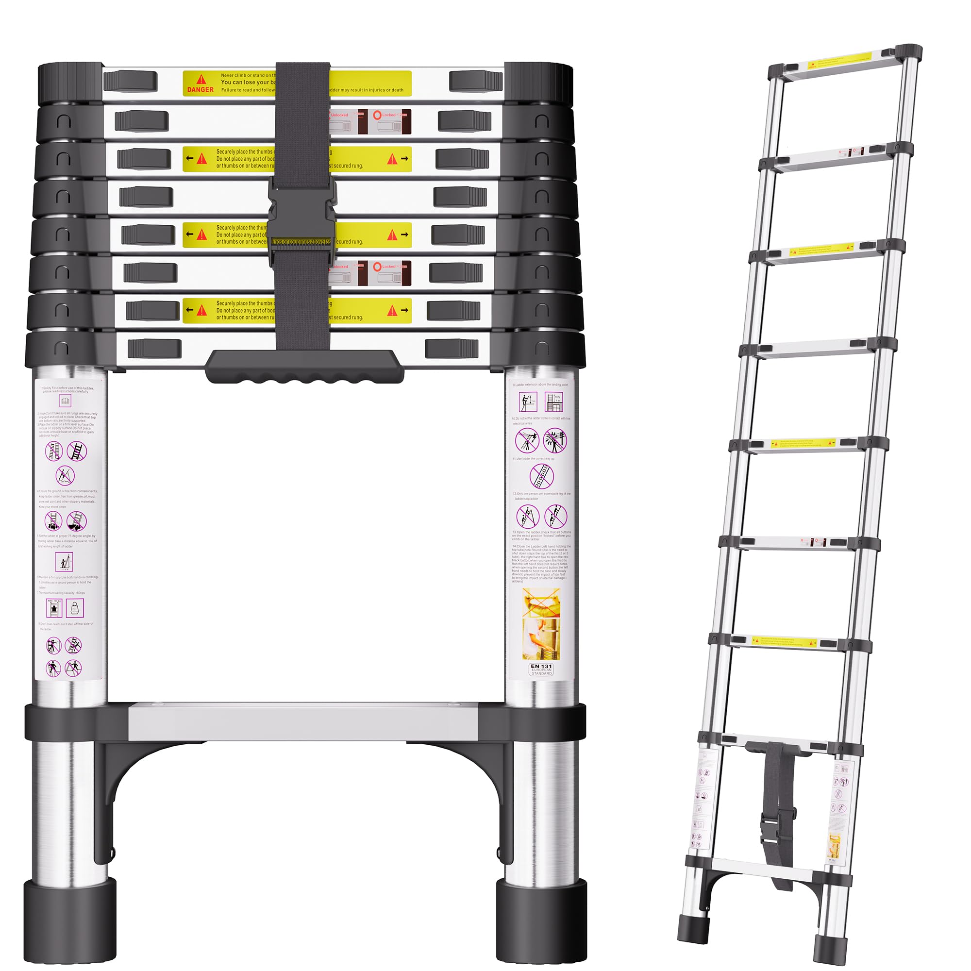 Telescopic Ladder, 2.6M Stainless Steel Loft Ladder with Non-Slip Feet and Triangle Support, Portable Ladders Extendable Thickened High-Strength, Ladders for Roof Attic Caravans — image 1