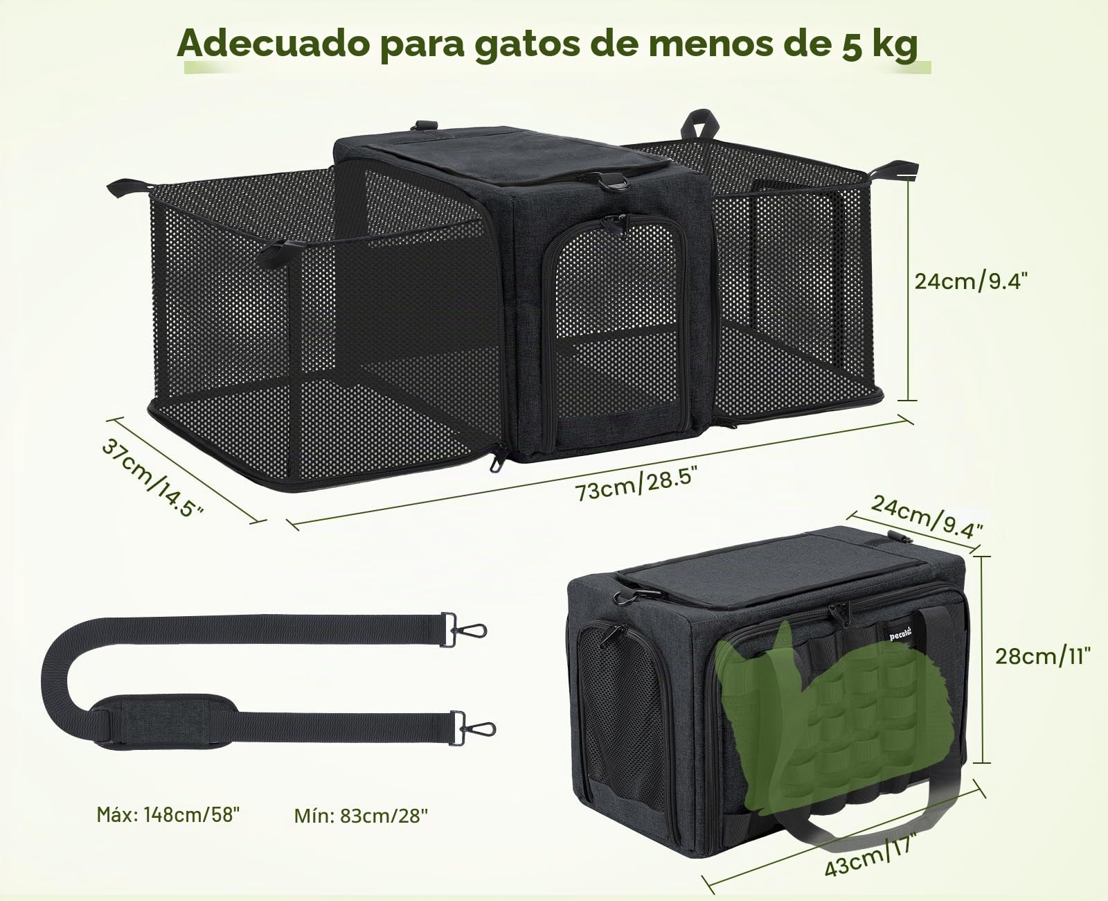 Pecute Transportín para Gatos Extensible, Aprobado por Aerolíneas, Bolso Suave Transpirable hasta 5kg/12lbs, Plegable para Viajes, Aire Libre y Camping, Gris Oscuro