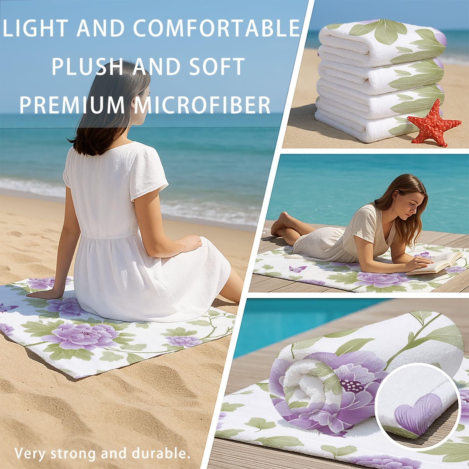 Générique Grande Serviette de Plage 230 x 210 CM,Drap de Plage Microfibre,Couverture de Plage Absorbante Rapide pour Classique, Néo-Chinois, Élégant Motifs Floraux, Papillons en Vol