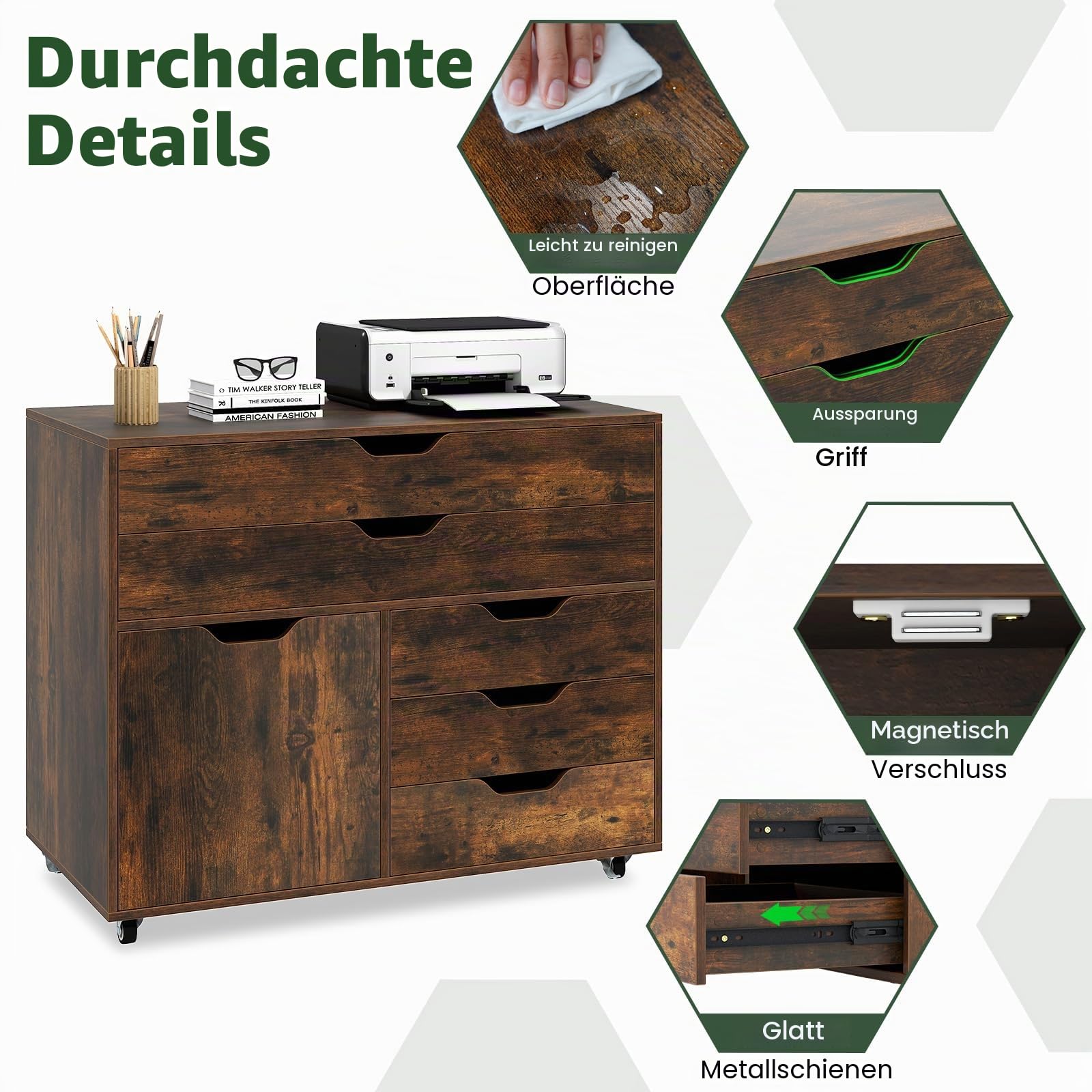 GIANTEX Rollcontainer mit 5 Schubladen & 1 Schrank, mobiler Aktenschrank mit 5 Rollen, Schubladenschrank unter Schreibtisch, 77,5 x 40 x 64 cm (Braun)