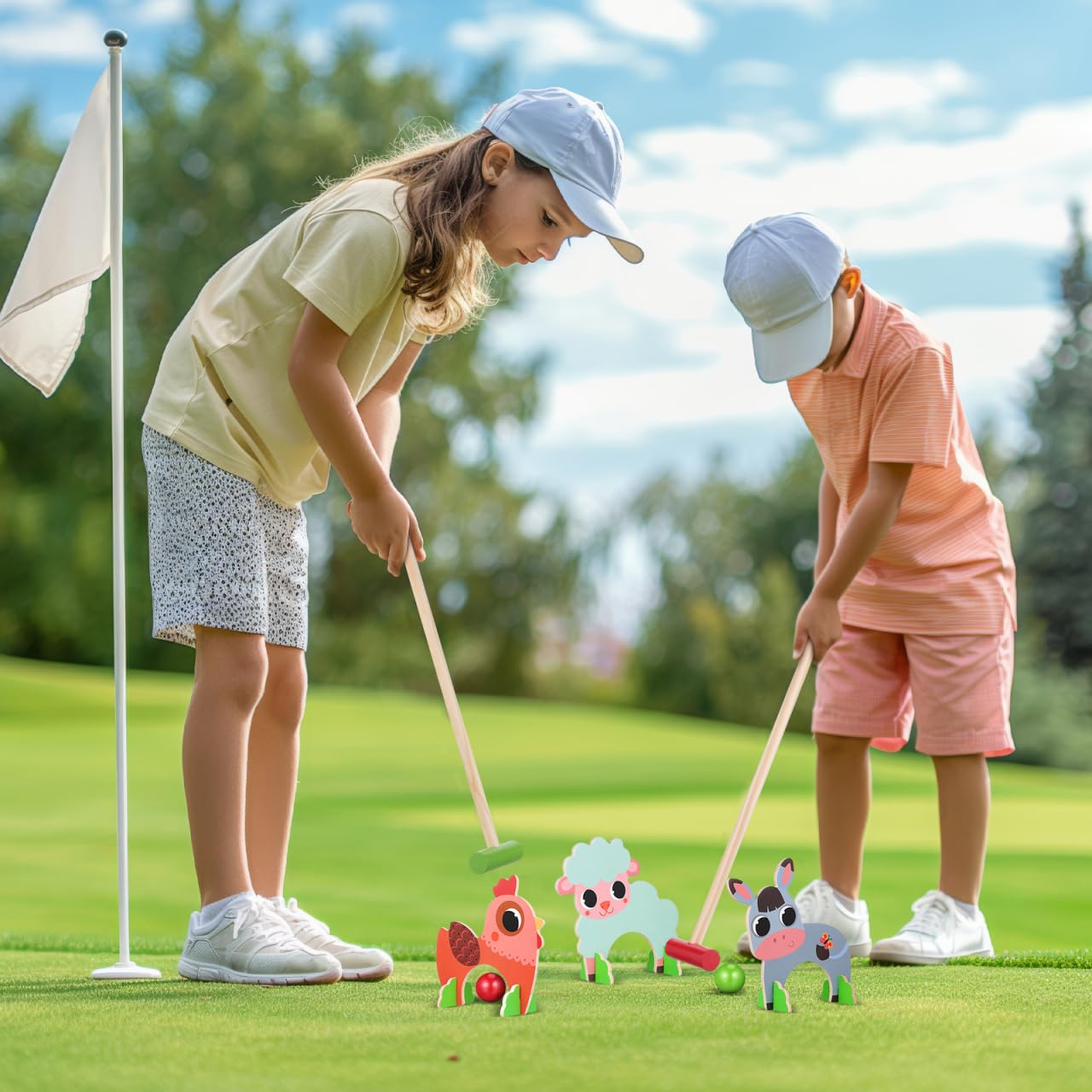 Housoutil Lustiges Tier-Gateball-Set, Krocket-Set aus Holz mit Tiermotiven, Pädagogisches Sport-Spielzeug mit Golfschlägern Und Krocketbällen, für Den Vorschulbereich im Freien