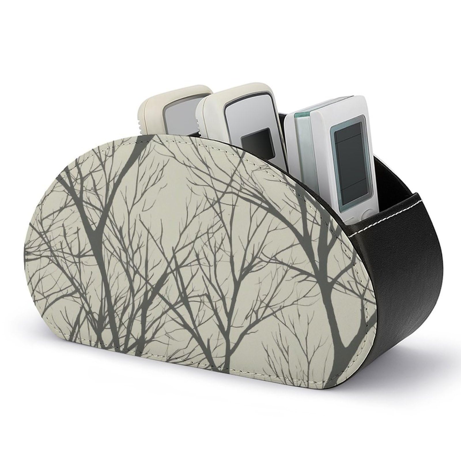 NTVOWPZO Tree Branch Remote Control Holder with 5 Compartment Organizer Box, Leather TV Remote Holder Organizer Caddy for Table, PU Leather Remote Box for Nightstand Office Desk Storage Box