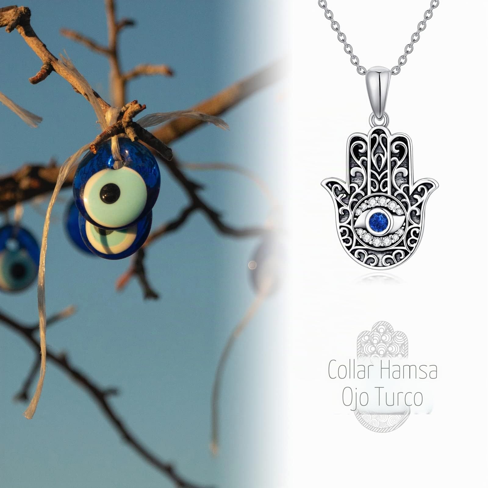 Collar contra el mal de ojo con cristal de plata de ley 925 con colgante de mano de Hamsa, sol y mal de ojo, regalo para mujeres y hombres