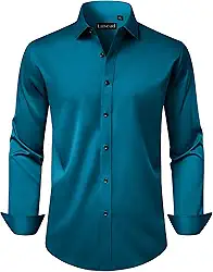 Camisa social masculina de manga comprida, elástica, sem rugas, para casamento, formal, negócios, com botões