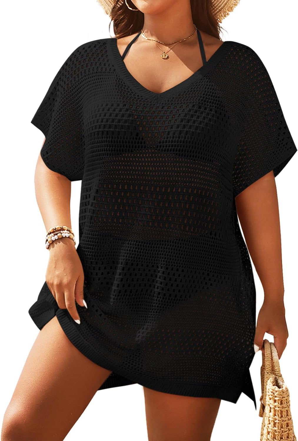 Yonique Plus Size Swimsuit Cover Up - Crochet Swim Cover Up 2025 Bathing Suit Short Sleeve Beach Dress