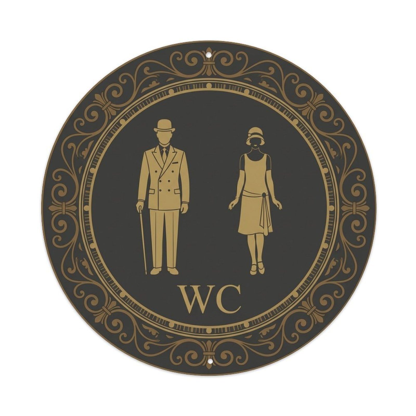 Olhnbad Style Black Gold Scroll Ring Restroom Notice Wc Metal Tin Sign